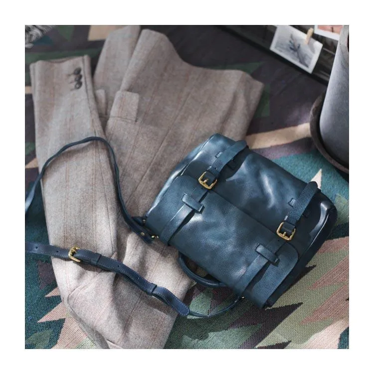 Fashion Women's Blue Leather Top Handle Satchel Handbag Brown Shoulder Bag Satchel Crossbody Purse