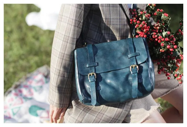 Fashion Women's Blue Leather Top Handle Satchel Handbag Brown Shoulder Bag Satchel Crossbody Purse