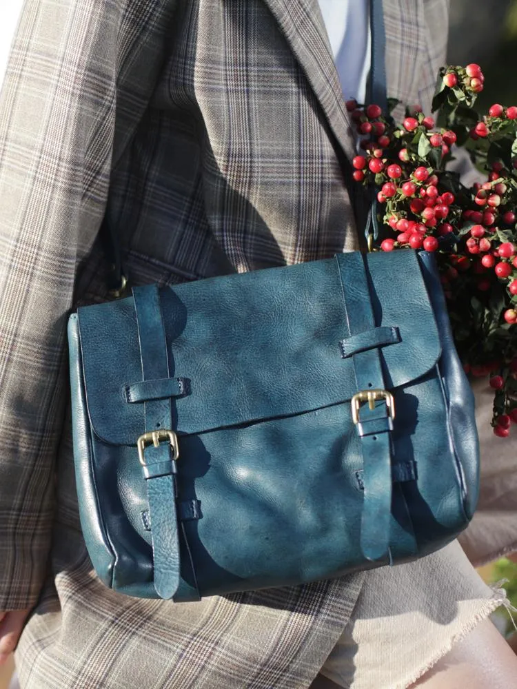 Fashion Women's Blue Leather Top Handle Satchel Handbag Brown Shoulder Bag Satchel Crossbody Purse