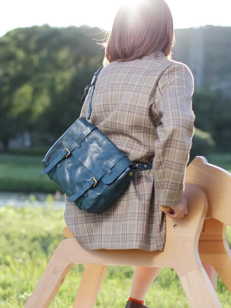 Fashion Women's Blue Leather Top Handle Satchel Handbag Brown Shoulder Bag Satchel Crossbody Purse