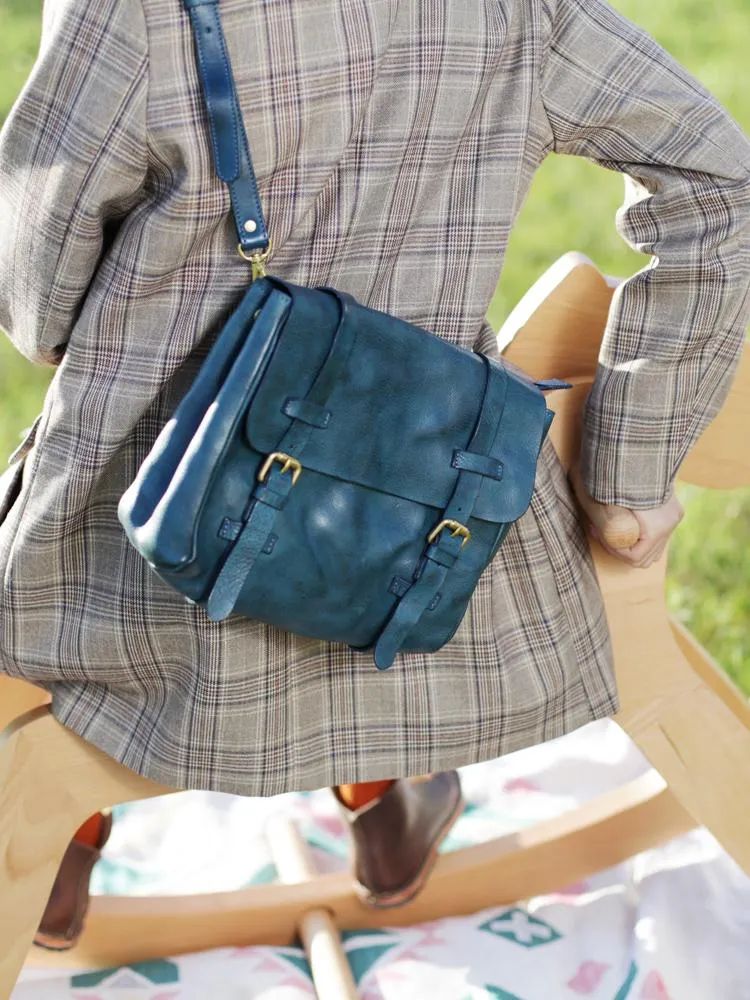 Fashion Women's Blue Leather Top Handle Satchel Handbag Brown Shoulder Bag Satchel Crossbody Purse
