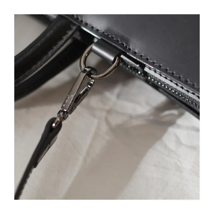 Fashion Womens Leather Structured Black 18" Zipper Shoulder Handbag Long Shoulder Bag For Work