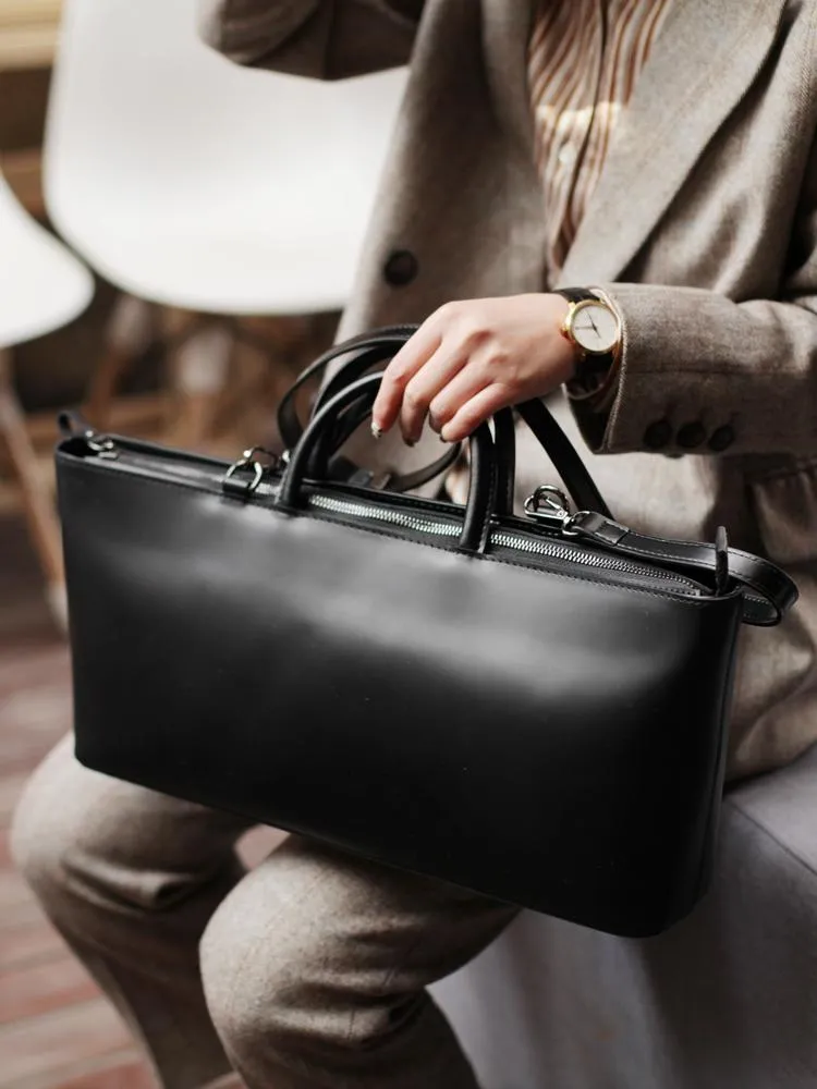 Fashion Womens Leather Structured Black 18" Zipper Shoulder Handbag Long Shoulder Bag For Work