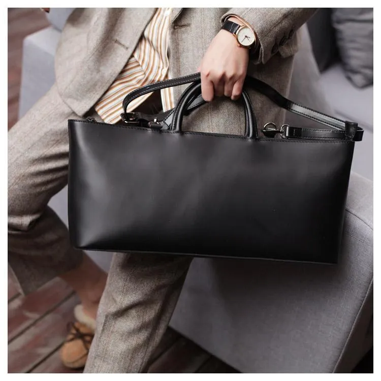 Fashion Womens Leather Structured Black 18" Zipper Shoulder Handbag Long Shoulder Bag For Work