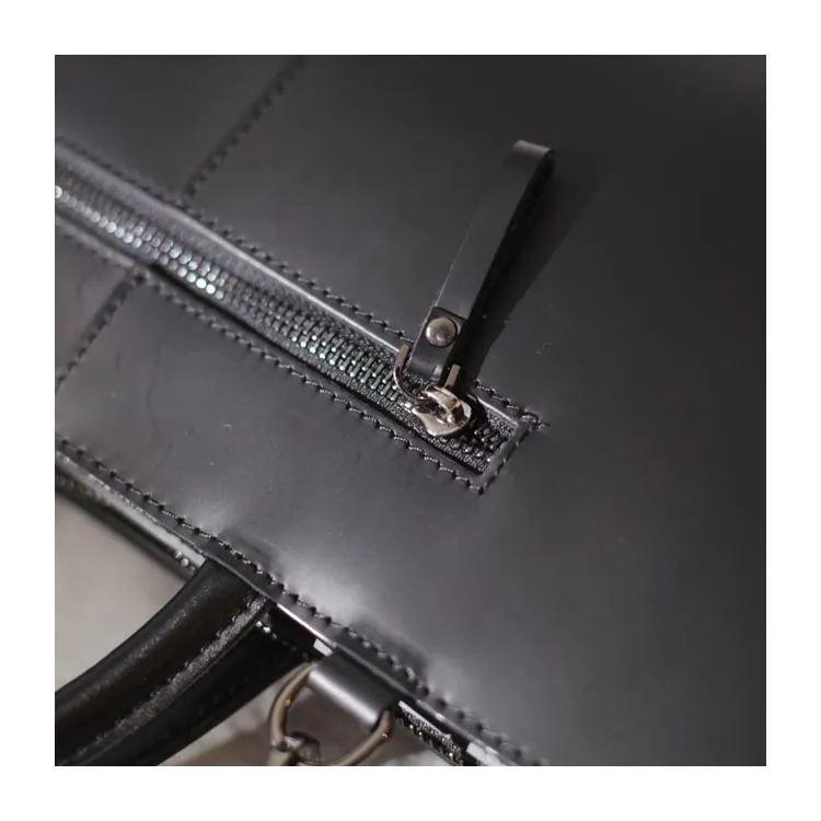 Fashion Womens Leather Structured Black 18" Zipper Shoulder Handbag Long Shoulder Bag For Work