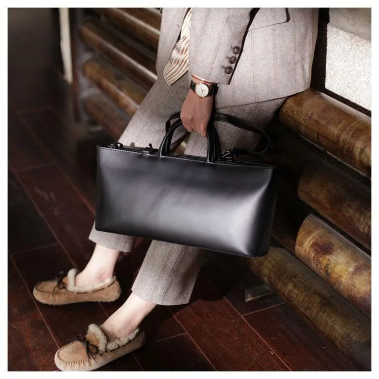 Fashion Womens Leather Structured Black 18" Zipper Shoulder Handbag Long Shoulder Bag For Work