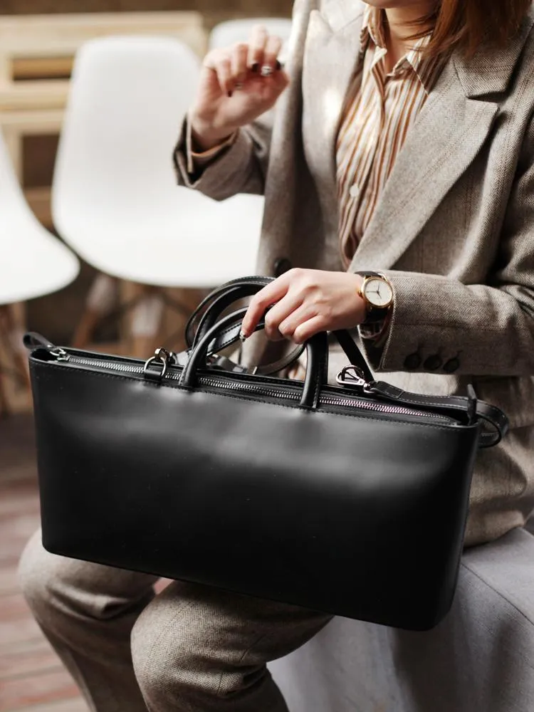 Fashion Womens Leather Structured Black 18" Zipper Shoulder Handbag Long Shoulder Bag For Work