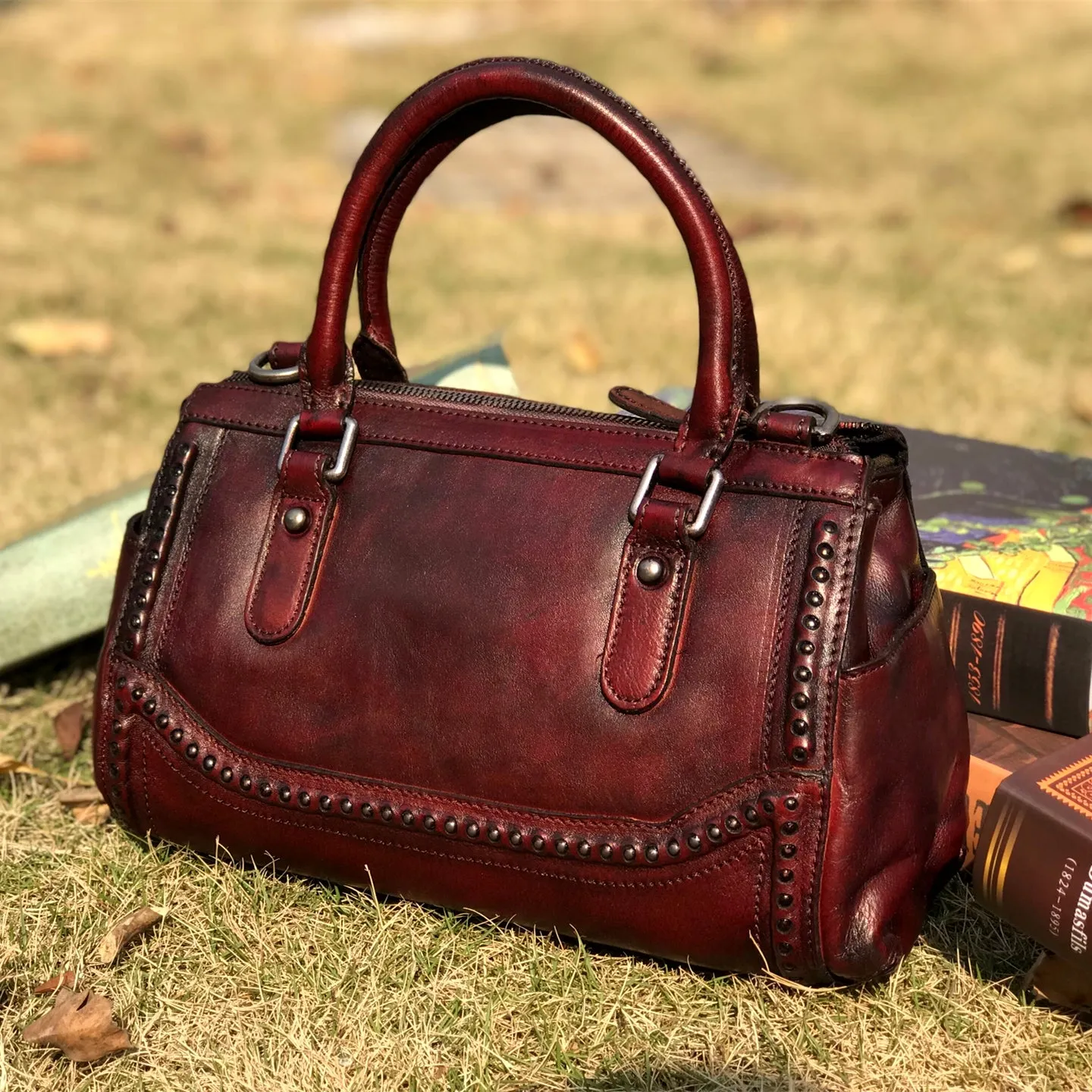 Genuine Handmade Boston Bag Vintage Leather Rivet Biker Handbag Shoulder Bag Women Leather Purse