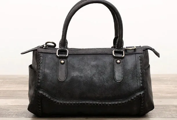 Genuine Handmade Boston Bag Vintage Leather Rivet Biker Handbag Shoulder Bag Women Leather Purse