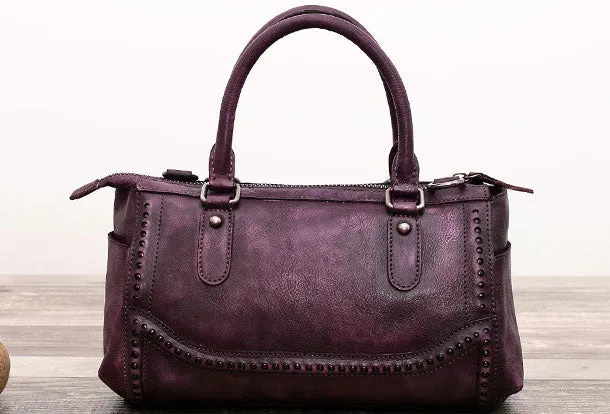 Genuine Handmade Boston Bag Vintage Leather Rivet Biker Handbag Shoulder Bag Women Leather Purse