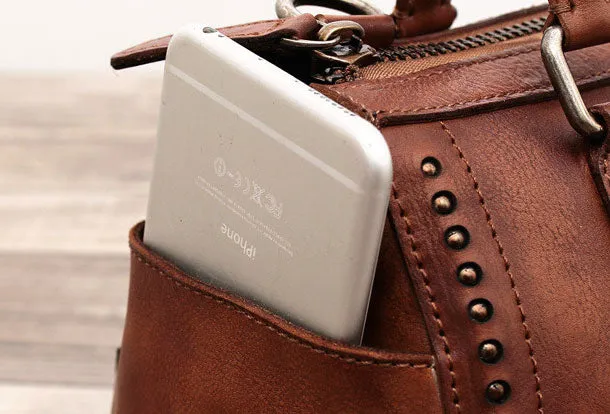 Genuine Handmade Boston Bag Vintage Leather Rivet Biker Handbag Shoulder Bag Women Leather Purse