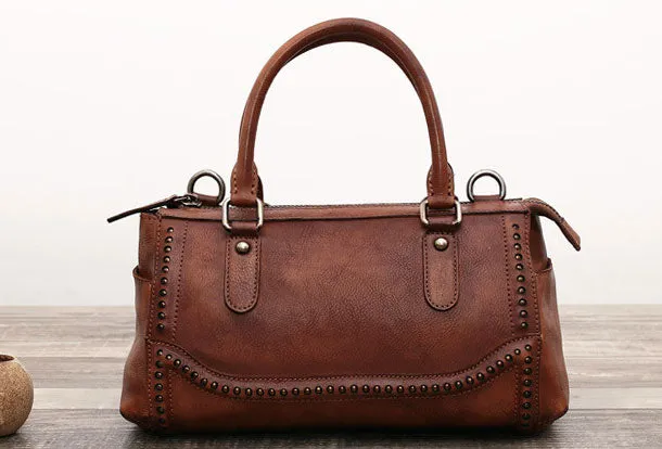 Genuine Handmade Boston Bag Vintage Leather Rivet Biker Handbag Shoulder Bag Women Leather Purse