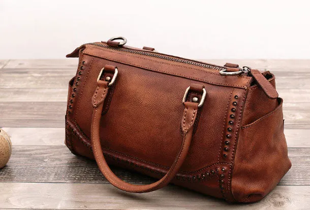 Genuine Handmade Boston Bag Vintage Leather Rivet Biker Handbag Shoulder Bag Women Leather Purse