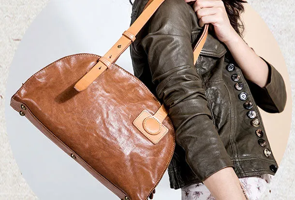 Genuine Leather Bag Semicircle Style Handmade Handbag Shoulder Bag Purse For Women