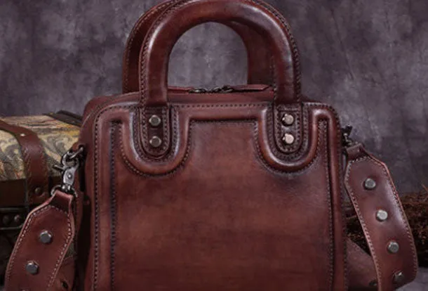 Genuine Leather Handbag Vintage Rivet Crossbody Bag Cube Shoulder Bag Purse For Women