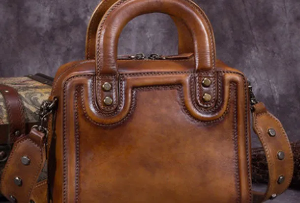 Genuine Leather Handbag Vintage Rivet Crossbody Bag Cube Shoulder Bag Purse For Women