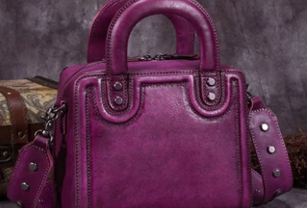 Genuine Leather Handbag Vintage Rivet Crossbody Bag Cube Shoulder Bag Purse For Women