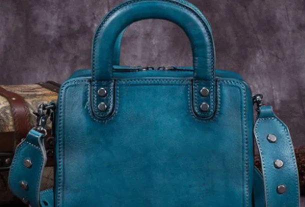 Genuine Leather Handbag Vintage Rivet Crossbody Bag Cube Shoulder Bag Purse For Women