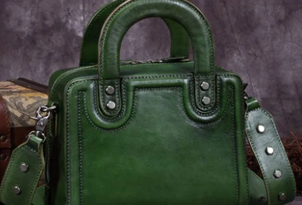 Genuine Leather Handbag Vintage Rivet Crossbody Bag Cube Shoulder Bag Purse For Women