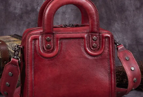 Genuine Leather Handbag Vintage Rivet Crossbody Bag Cube Shoulder Bag Purse For Women