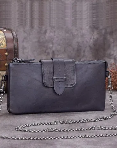 Grey Leather Womens Zipper CHain SHoulder Bag Long Wallet Phone Purple Chain Clutch Purse for Ladies