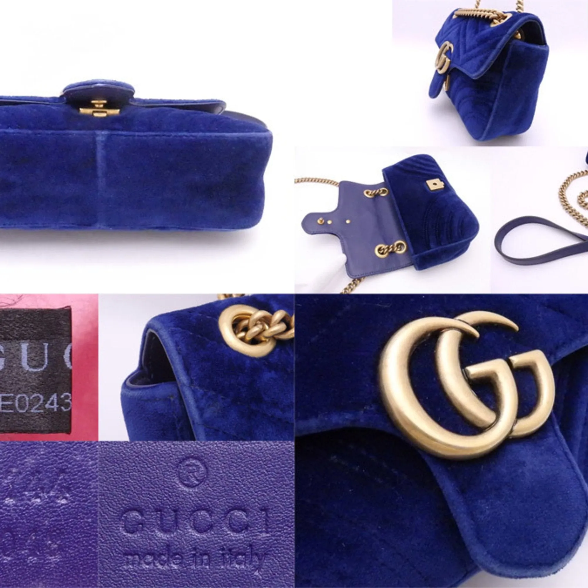 Gucci Crossbody Shoulder Bag GG Marmont Blue Velor x Gold Hardware Women's 446744