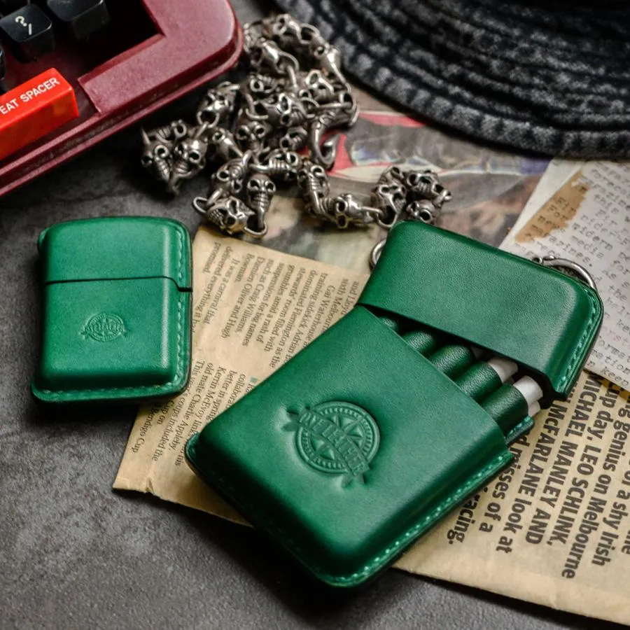 Handmade Green Leather Mens 10pcs Cigarette Holder Case Cool Cigarette Case for Men