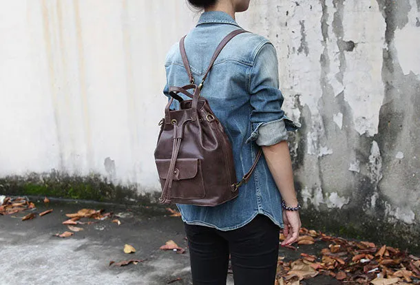 Handmade Leather backpack bag shoulder bag bucket bag women leather purse