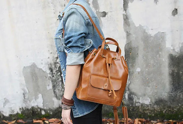 Handmade Leather backpack bag shoulder bag bucket bag women leather purse