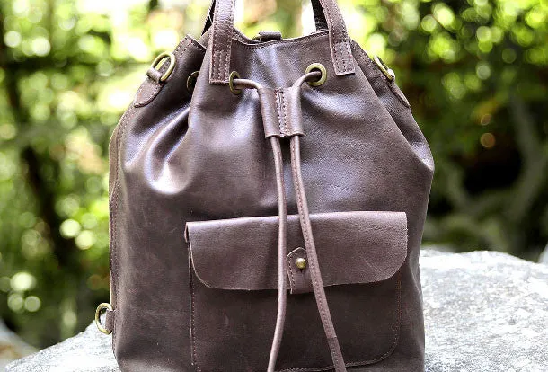Handmade Leather backpack bag shoulder bag bucket bag women leather purse