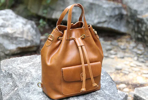 Handmade Leather backpack bag shoulder bag bucket bag women leather purse