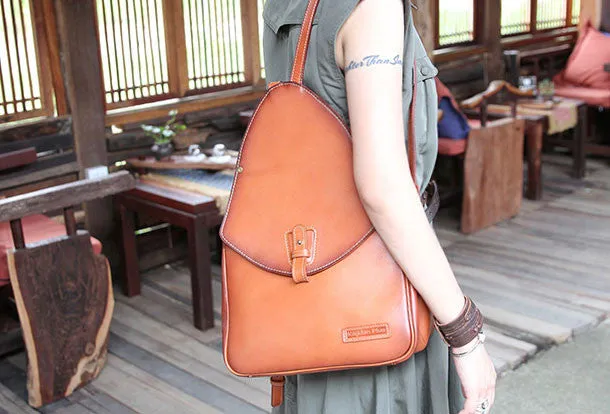 Handmade Leather backpack bag shoulder bag camel orange women leather purse