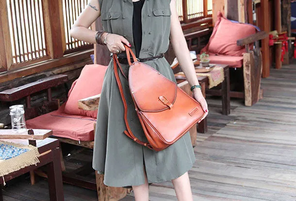 Handmade Leather backpack bag shoulder bag camel orange women leather purse