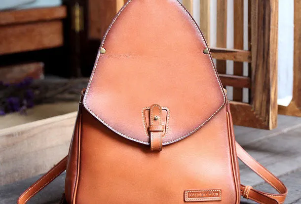Handmade Leather backpack bag shoulder bag camel orange women leather purse