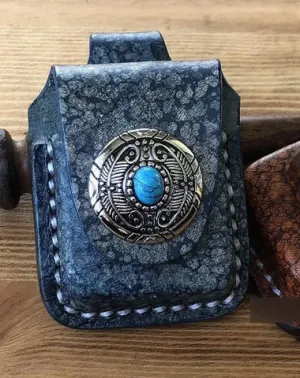 Handmade Mens Blue Leather Classic Zippo Lighter Case Belt Zippo Lighter Holder with Belt Loop