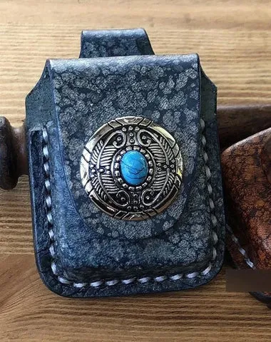 Handmade Mens Blue Leather Classic Zippo Lighter Case Belt Zippo Lighter Holder with Belt Loop
