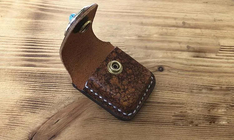 Handmade Mens Blue Leather Classic Zippo Lighter Case Belt Zippo Lighter Holder with Belt Loop