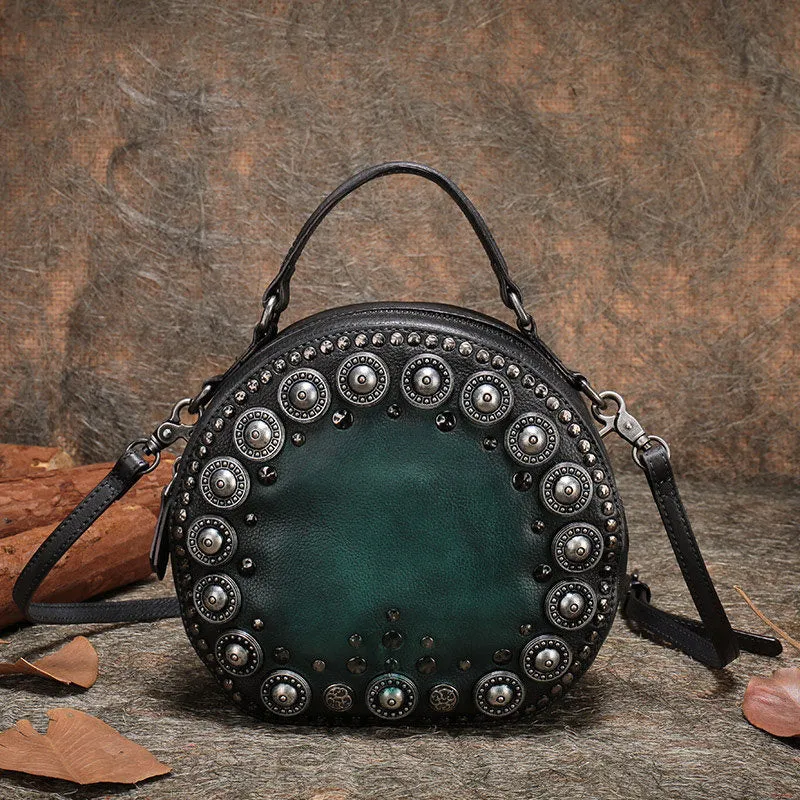 Handmade Womens Brown Leather Round Handbag Purses Rivet Round Shoulder Bag Crossbody Handbag for Women