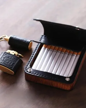 Handmade Wooden Black Leather Mens 20pcs Cigarette Case Cool Custom Cigarette Holder for Men
