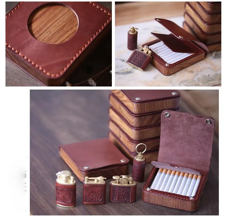 Handmade Wooden Black Leather Mens 20pcs Cigarette Case Cool Custom Cigarette Holder for Men