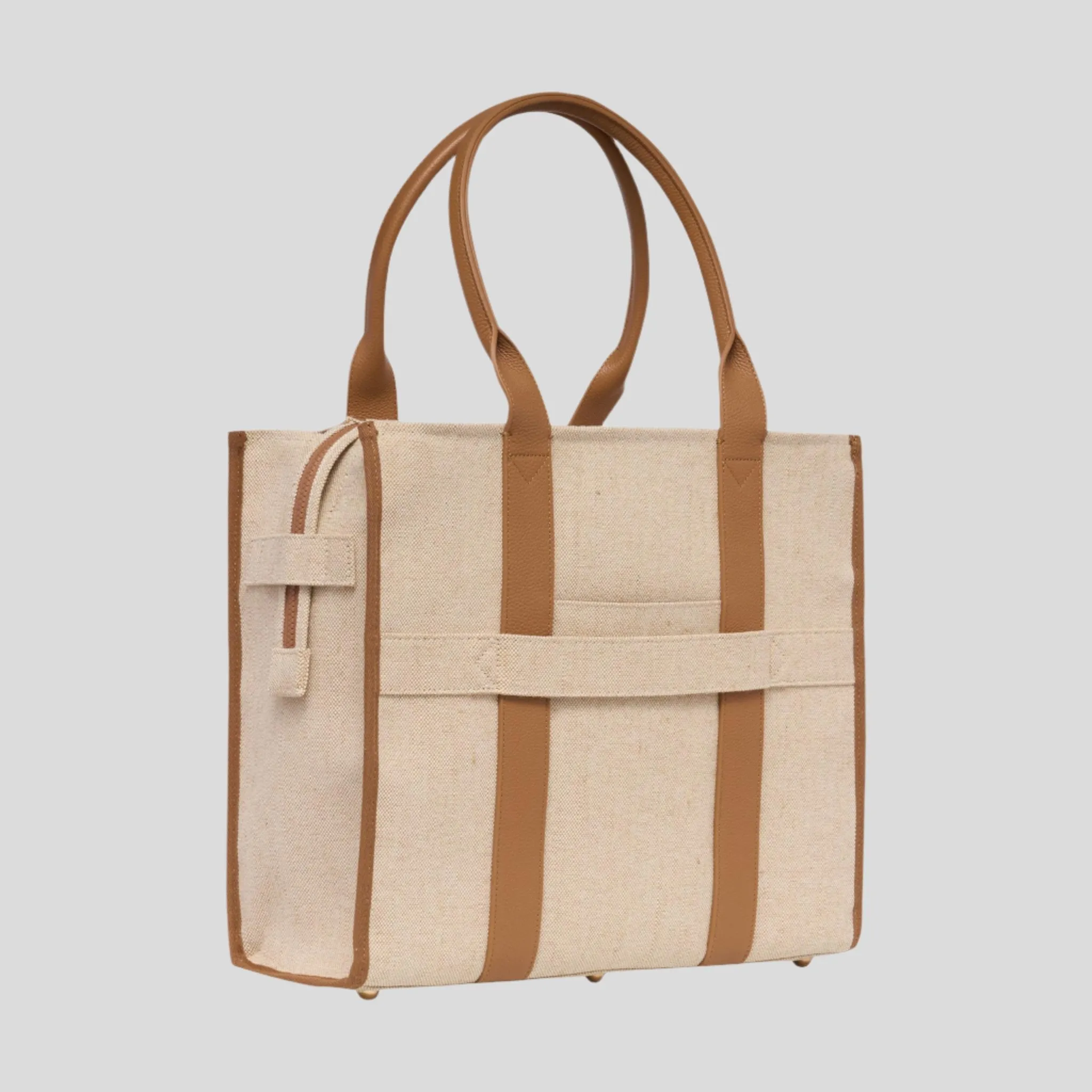 Large Bon Vivant Structured Tote Bag -- Jute Canvas Tan Leather
