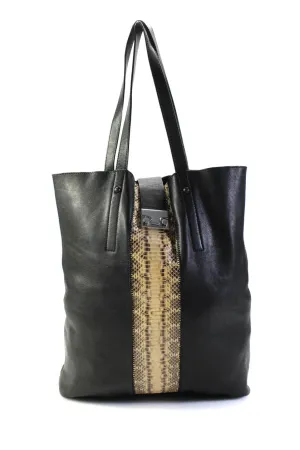 Loeffler Randall Snakeskin Trim Leather Tote Handbag With Envelope Wallet Black