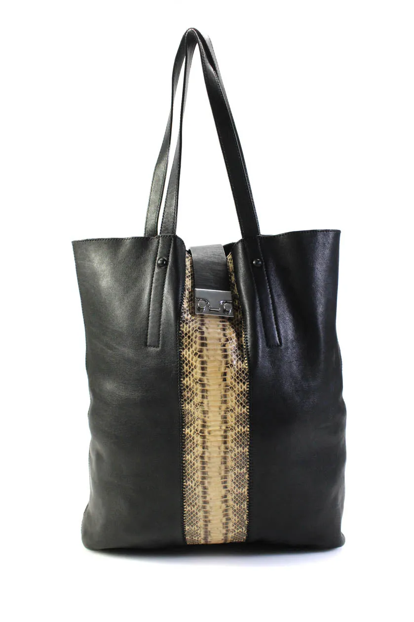 Loeffler Randall Snakeskin Trim Leather Tote Handbag With Envelope Wallet Black