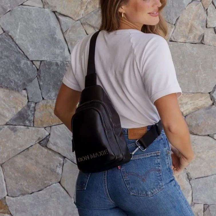 Multiwear Leather Crossbody Sling Bag -- Black Bold Logo