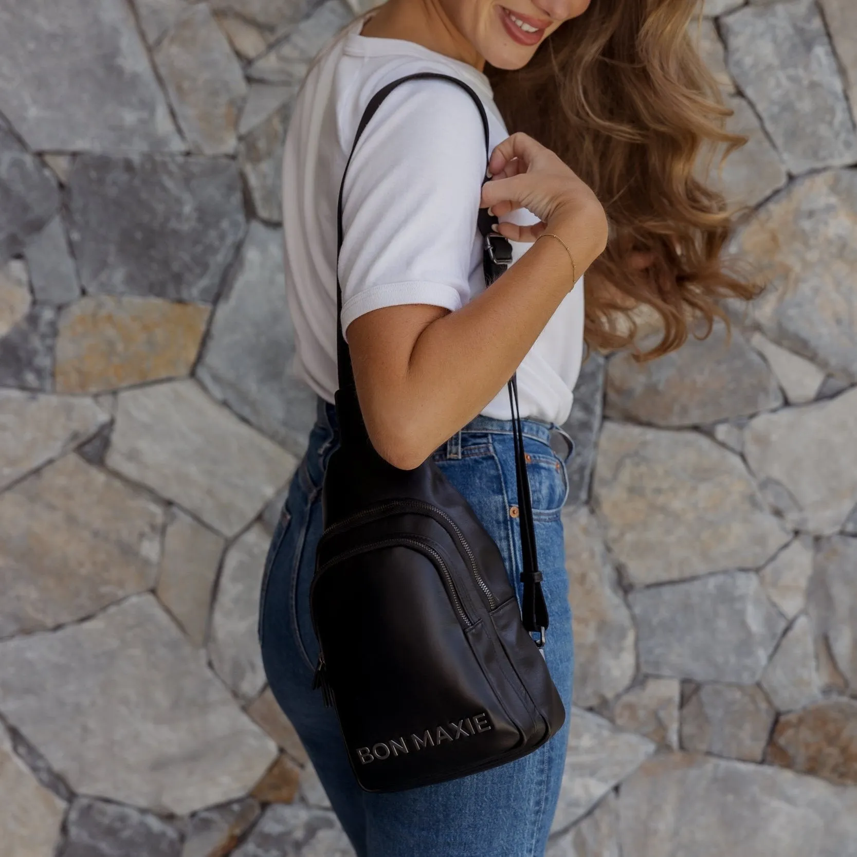 Multiwear Leather Crossbody Sling Bag -- Black Bold Logo