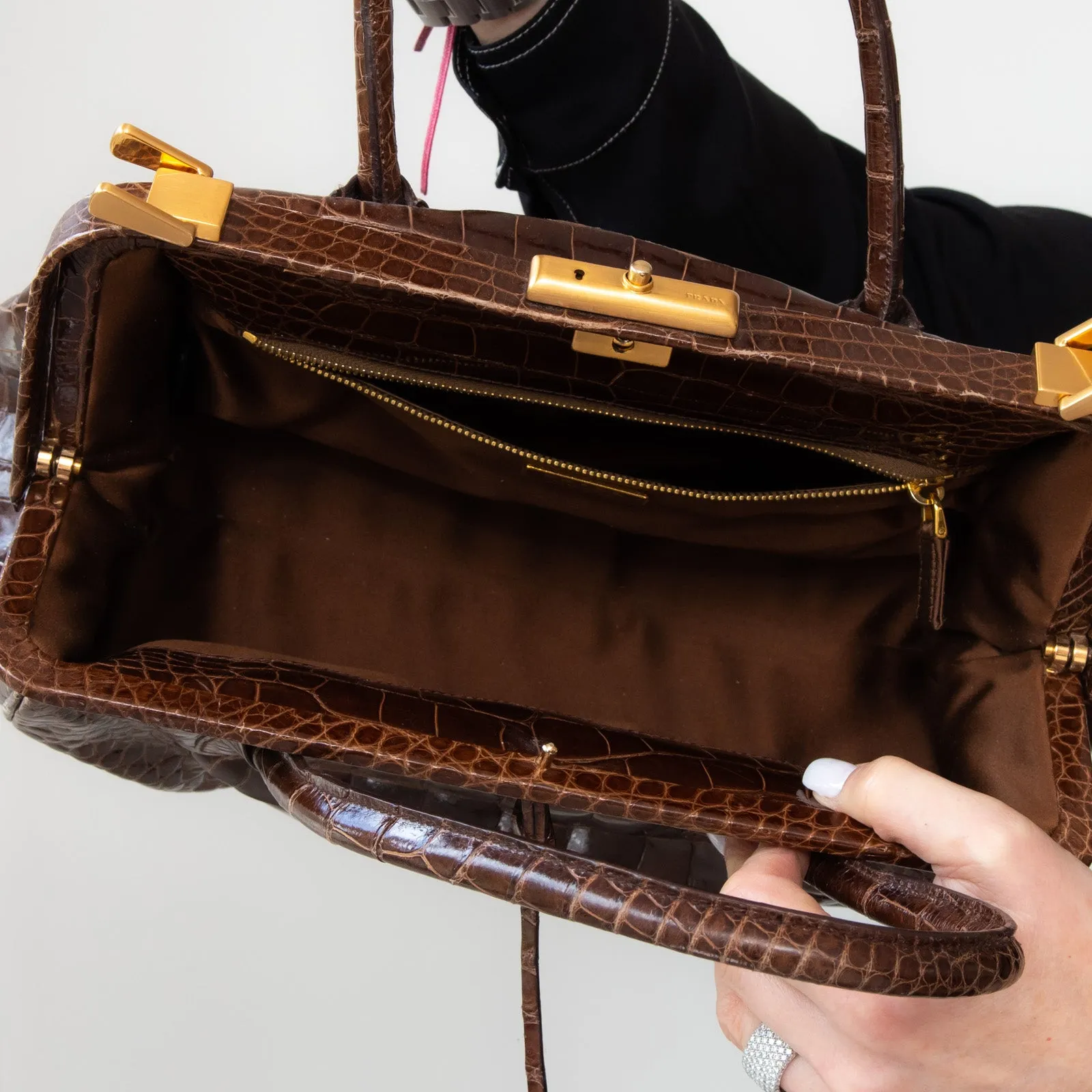 Prada Vintage Brown Crocodile Bag with Gold Tone Hardware