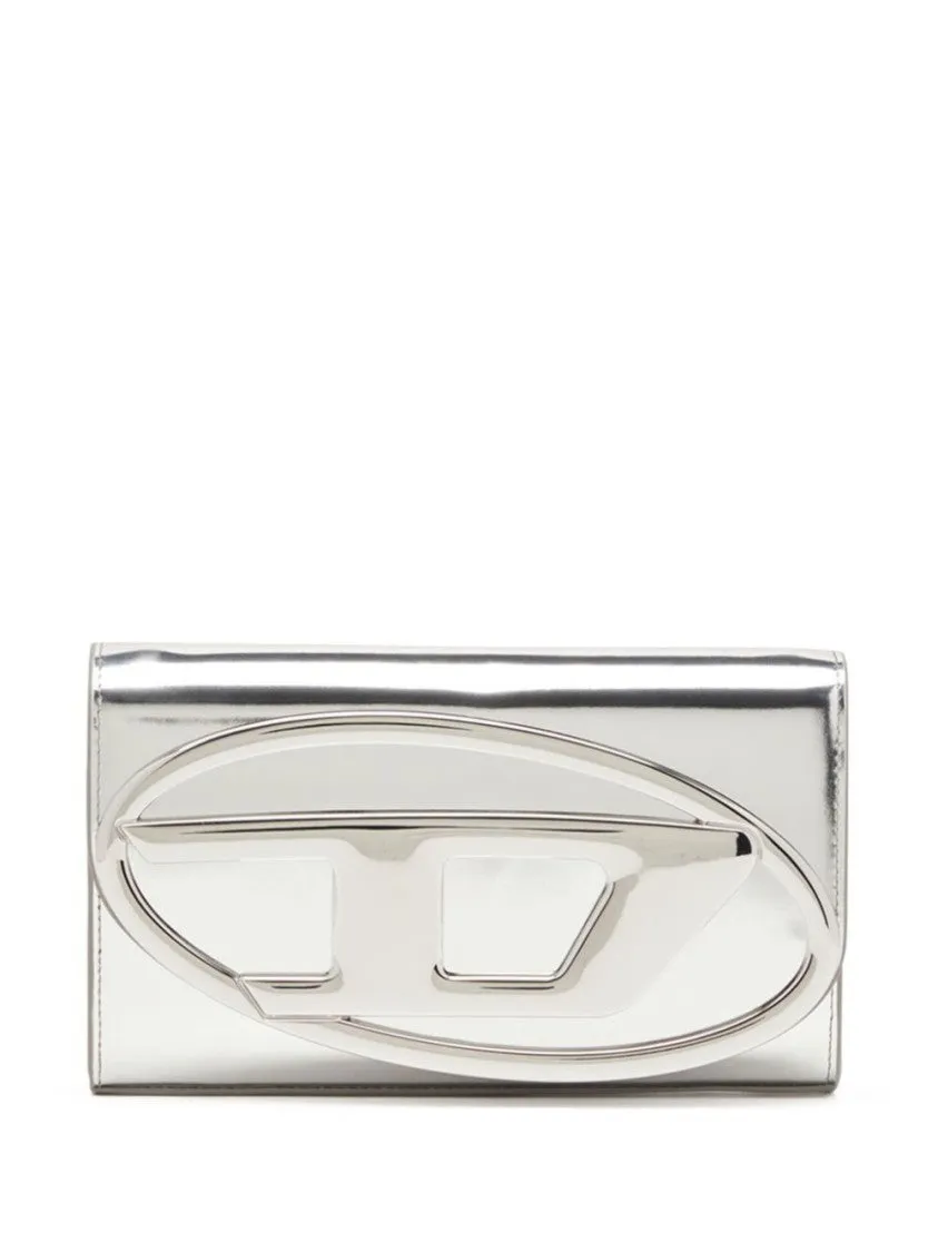 Silver Handbag With Prominent Logo And Detachable Strap