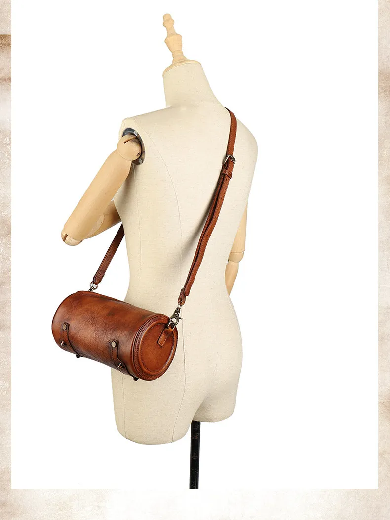 Vintage Brown Leather Womens Barrel Shoulder Bag Bucket Crossbody Purse for Women