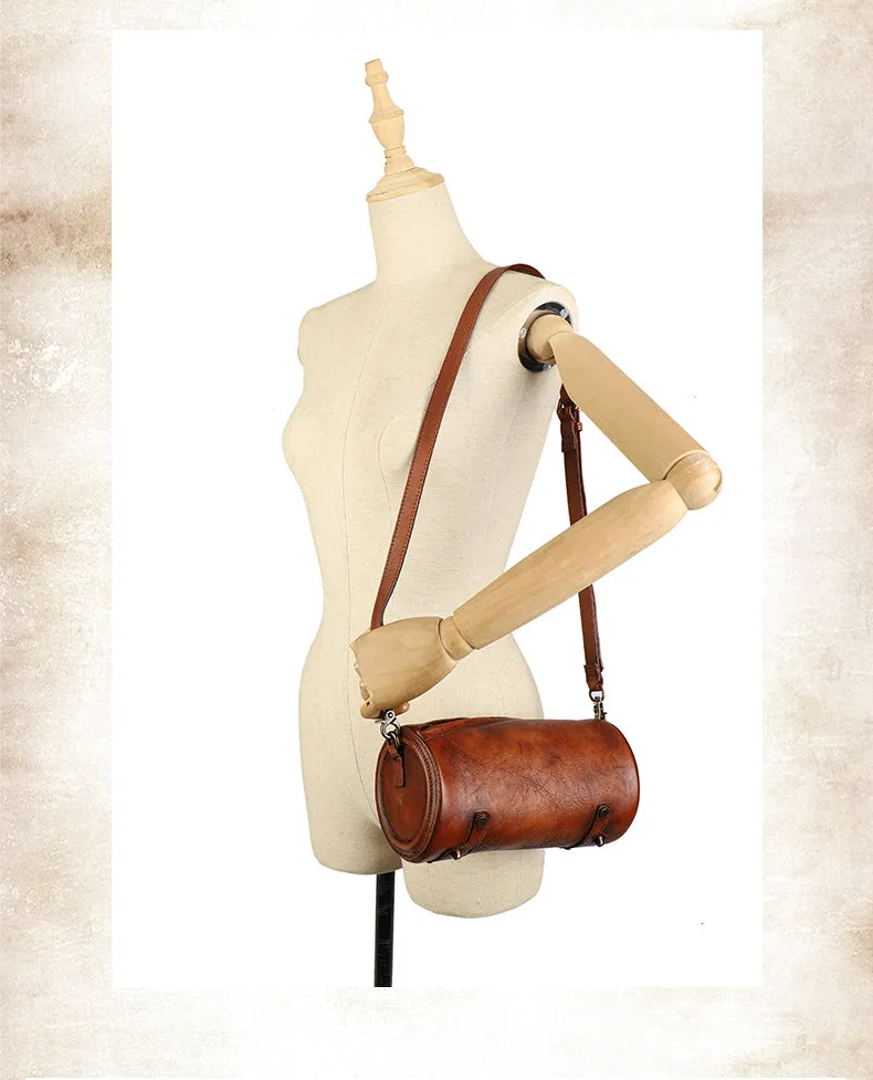 Vintage Brown Leather Womens Barrel Shoulder Bag Bucket Crossbody Purse for Women