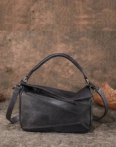 Vintage Leather Womens Cube Shoulder Bag Handmade Geometry Crossbody Purse for Ladies